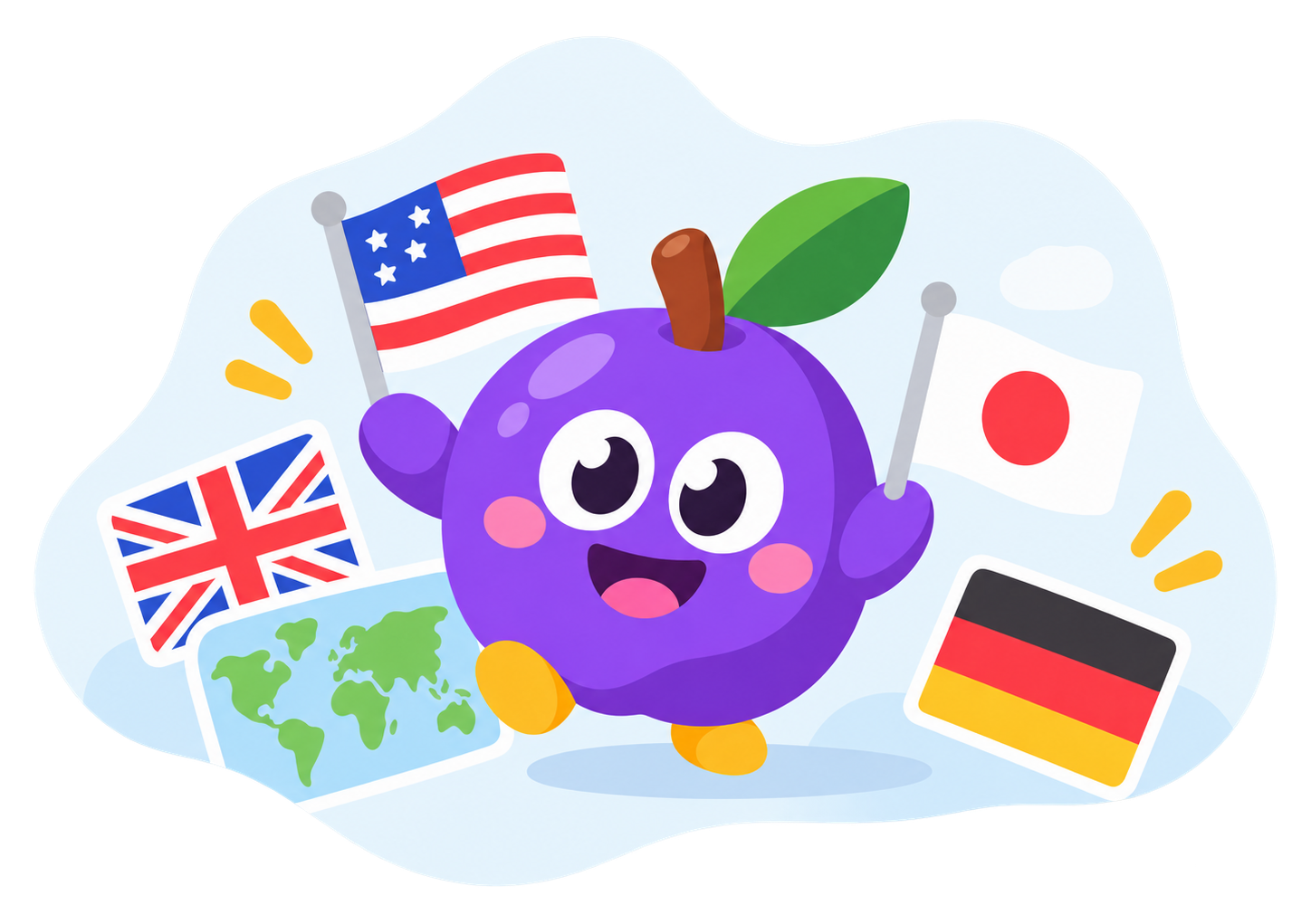 Ume waving the flags of the USA and Japan, with a world map card
